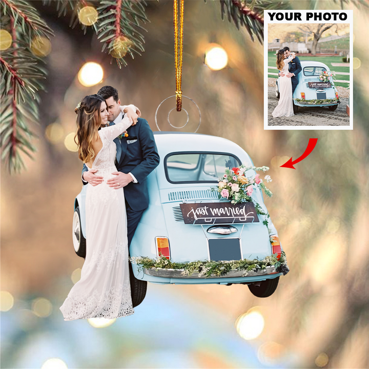 Couple On Wedding Car - Personalized Custom Photo Mica Ornament - Christmas Gift For Couple, Wedding Couple, Newlywed, Wife, Husband