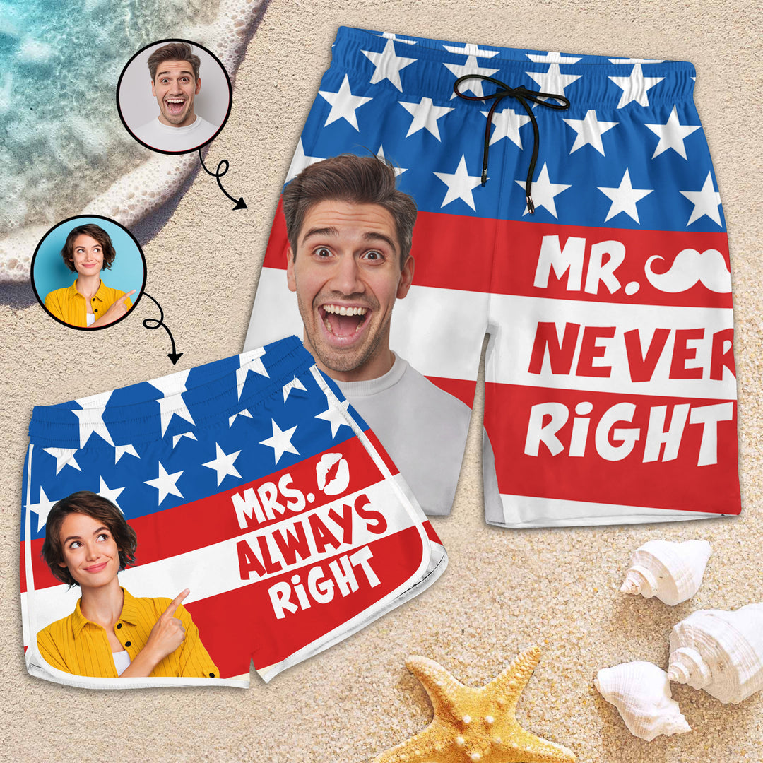 Mr Never Right Mrs Always - Personalized Custom Couple Beach Shorts - Gift For Couple