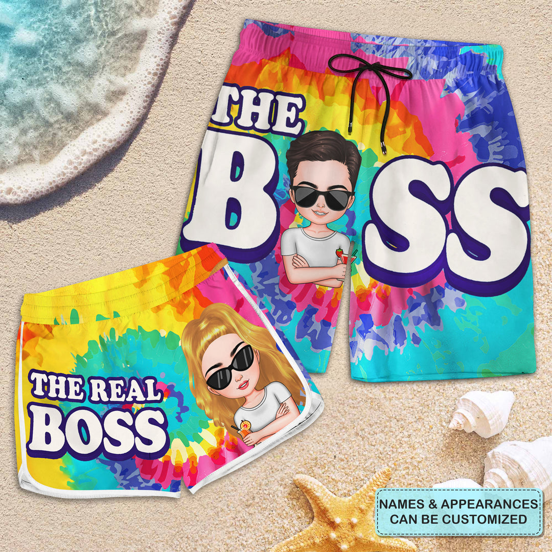 The Boss The Real Boss - Personalized Custom Couple Beach Shorts - Gift For Couple