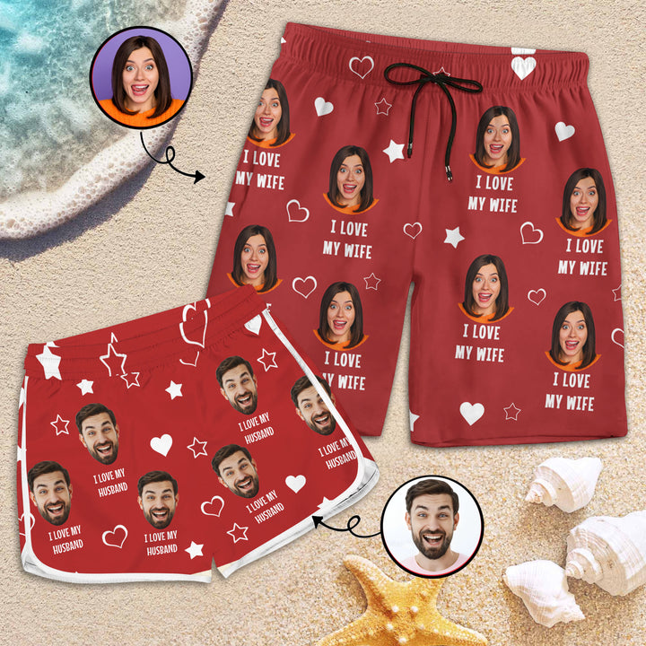 I Love My Wife - Personalized Custom Couple Beach Shorts - Gift For Couple