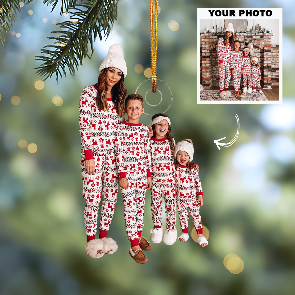 Family In Christmas Pyjamas - Personalized Custom Photo Mica Ornament - Christmas Gift For Family, Family Members