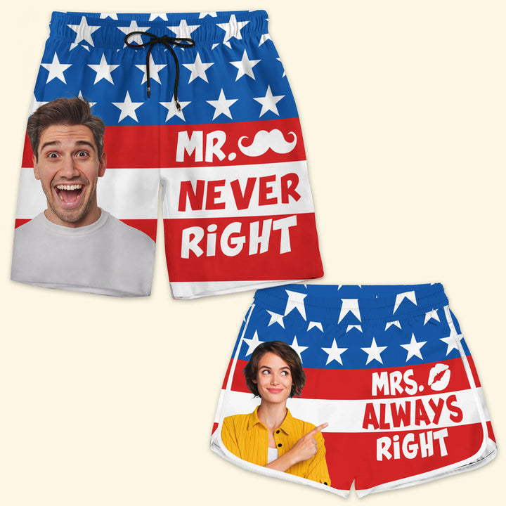 Mr Never Right Mrs Always - Personalized Custom Couple Beach Shorts - Gift For Couple