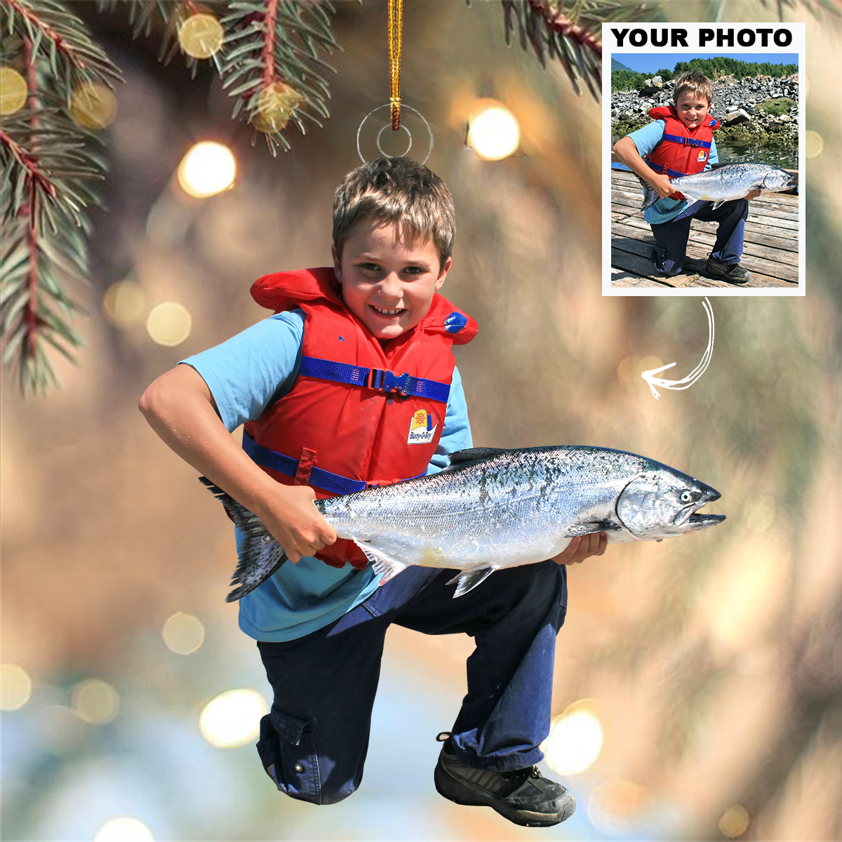 Kid Fishing Ornament - Personalized Custom Photo Mica Ornament - Christmas Gift For Fishing Lovers, Family Members, Kids
