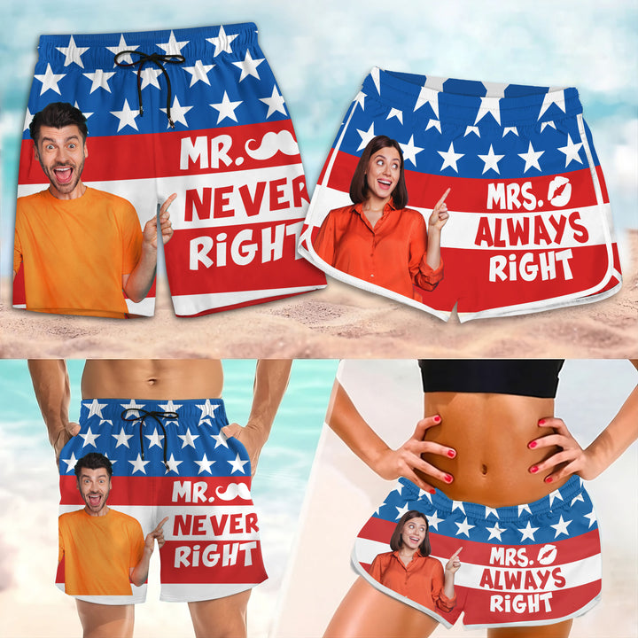 Mr Never Right Mrs Always - Personalized Custom Couple Beach Shorts - Gift For Couple