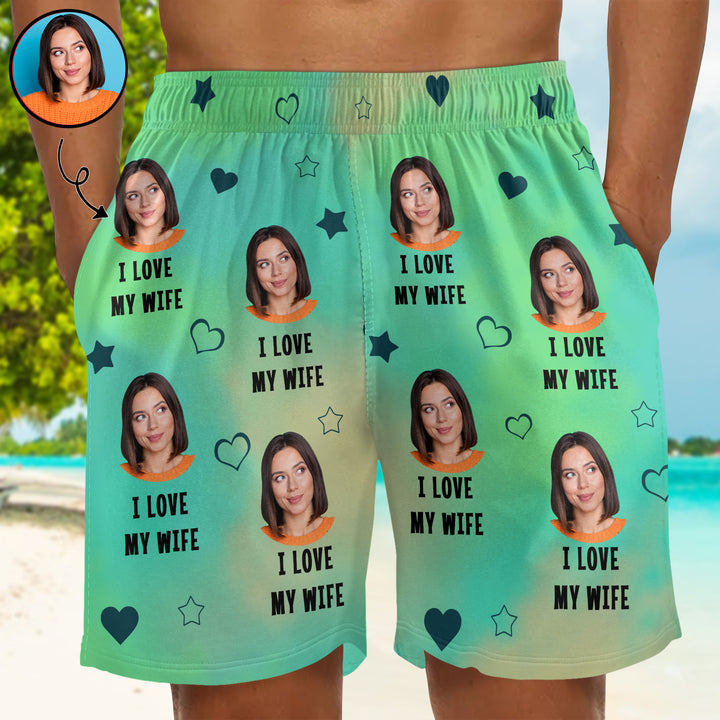 I Love My Wife Funny Custom Photo - Personalized Unisex Man Beach Shorts