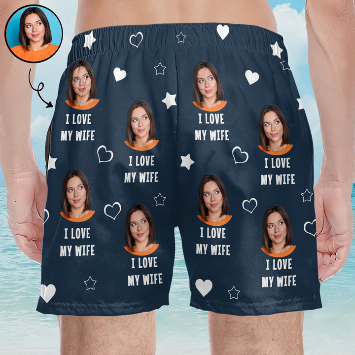 I Love My Wife Funny Custom Photo - Personalized Unisex Man Beach Shorts