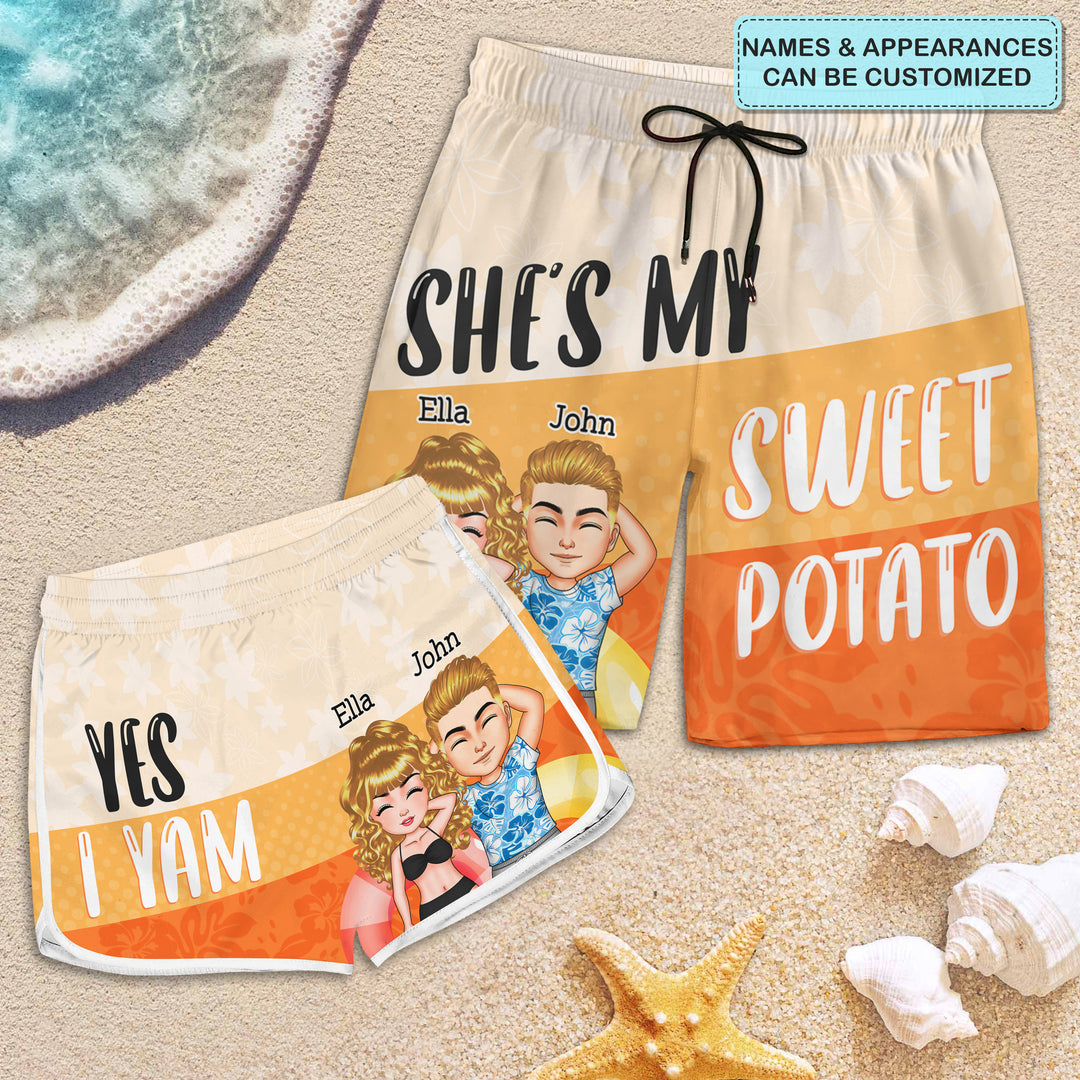 She My Sweet Potato - Personalized Custom Couple Beach Shorts - Gift For Couple
