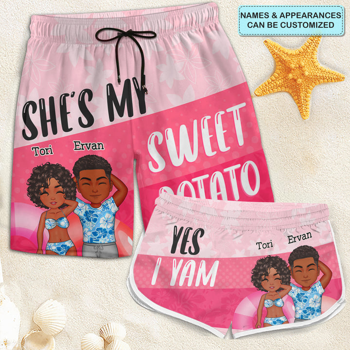 She My Sweet Potato - Personalized Custom Couple Beach Shorts - Gift For Couple