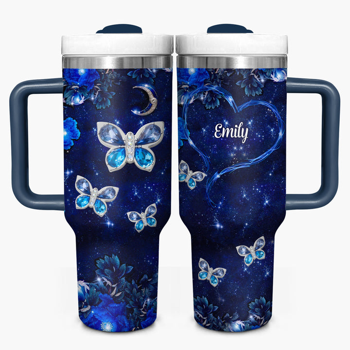 Blue Butterfly Gems - Personalized Tumbler with Handle - NCU0DK031