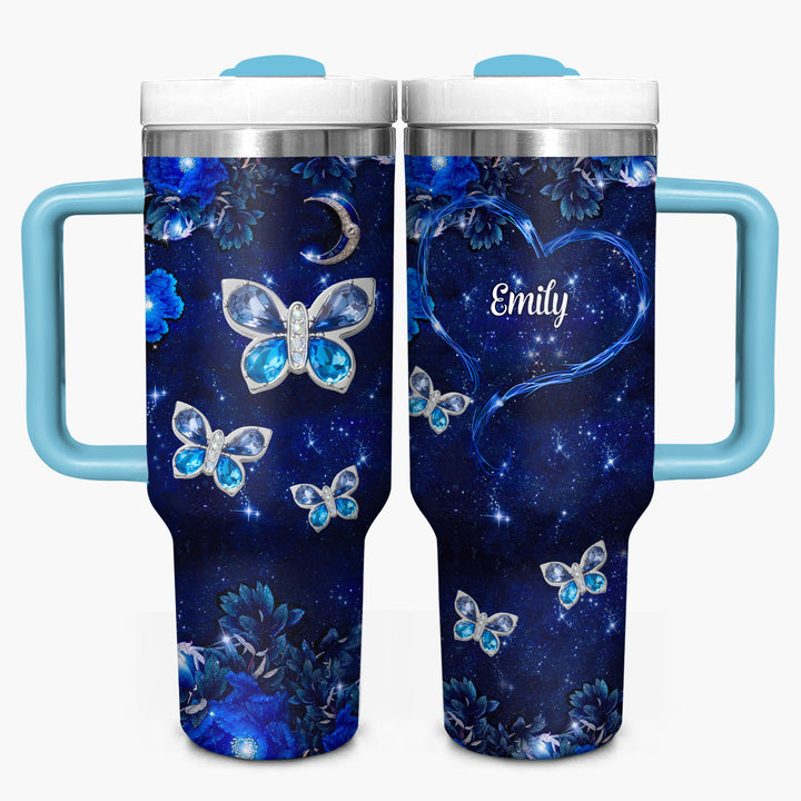 Blue Butterfly Gems - Personalized Tumbler with Handle - NCU0DK031