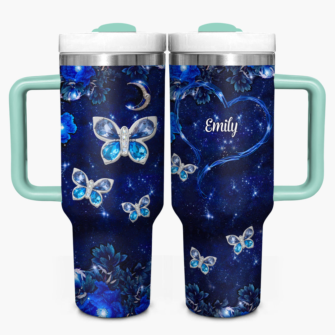 Blue Butterfly Gems - Personalized Tumbler with Handle - NCU0DK031