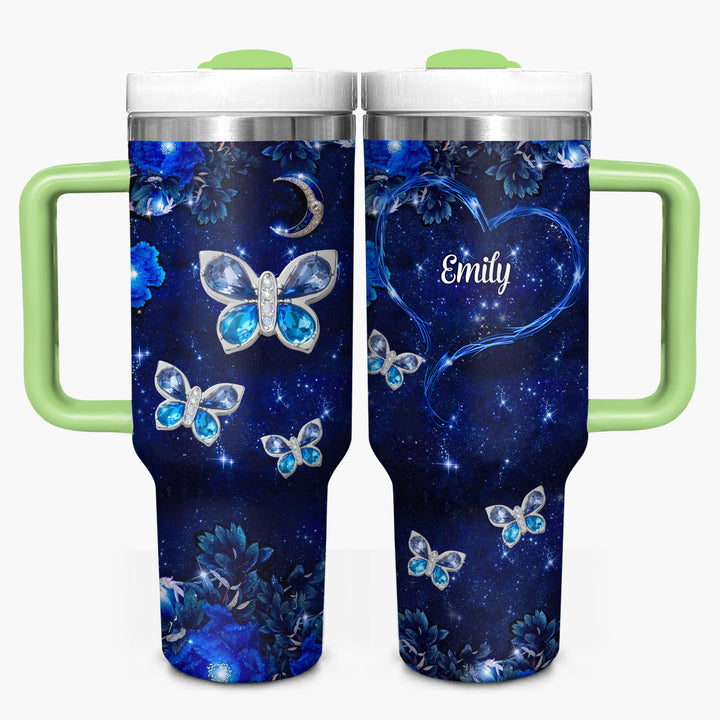 Blue Butterfly Gems - Personalized Tumbler with Handle - NCU0DK031