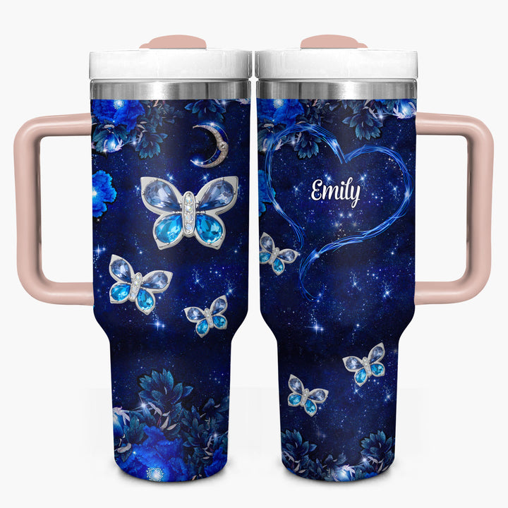 Blue Butterfly Gems - Personalized Tumbler with Handle - NCU0DK031
