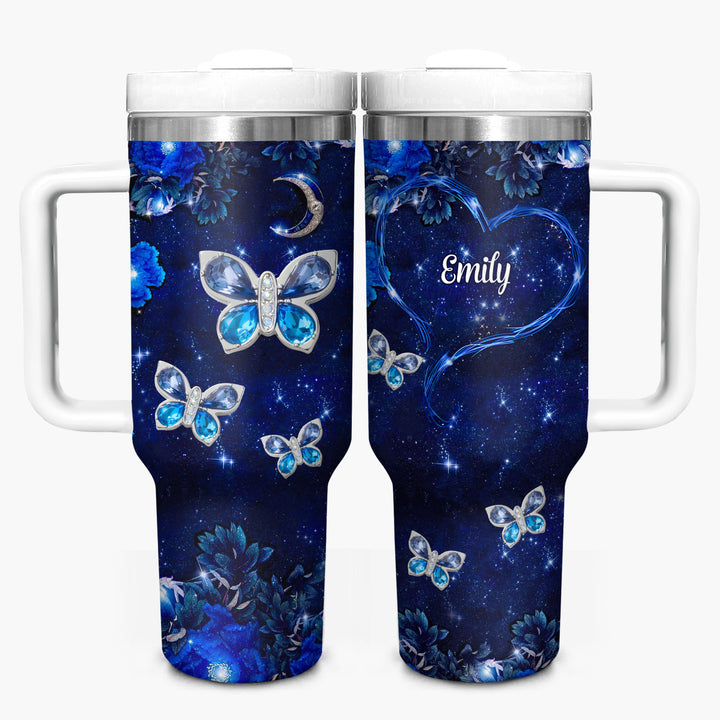 Blue Butterfly Gems - Personalized Tumbler with Handle - NCU0DK031