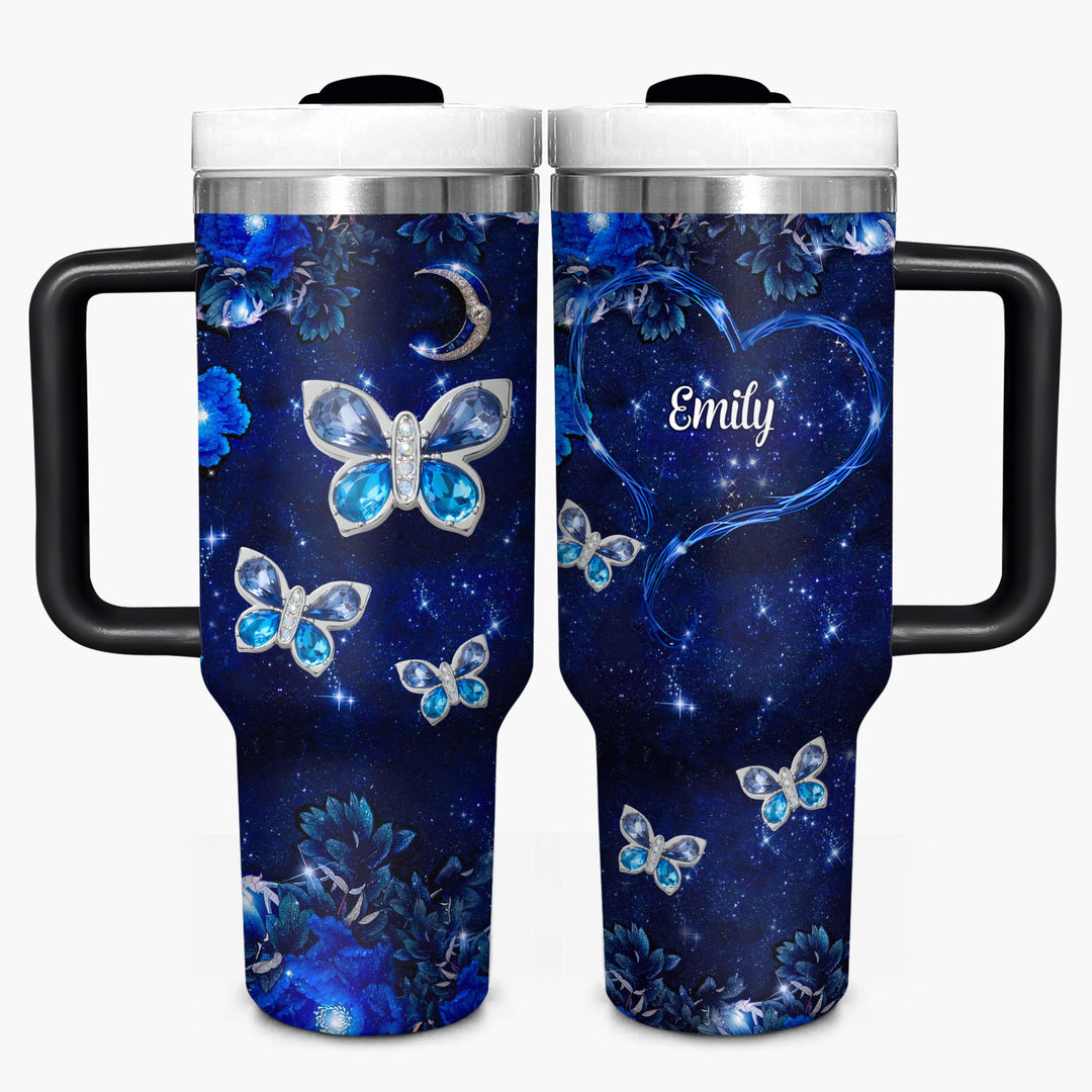 Blue Butterfly Gems - Personalized Tumbler with Handle - NCU0DK031