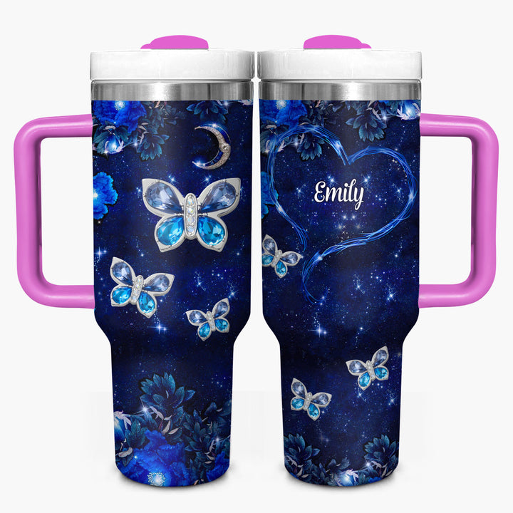 Blue Butterfly Gems - Personalized Tumbler with Handle - NCU0DK031