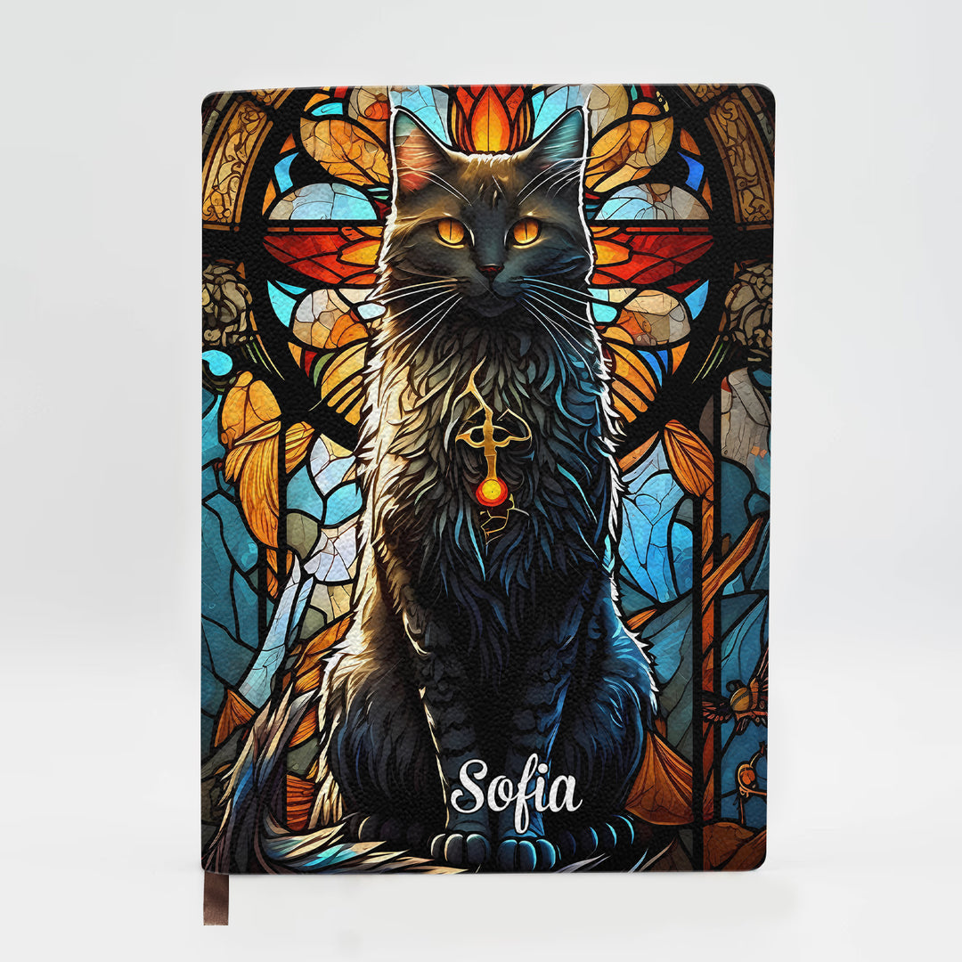 Cat Glass Window - Personalized Custom Leather Journal - Gift For Cat Lover