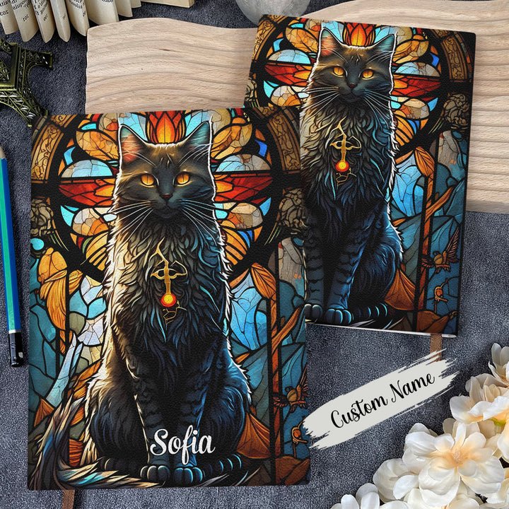 Cat Glass Window - Personalized Custom Leather Journal - Gift For Cat Lover