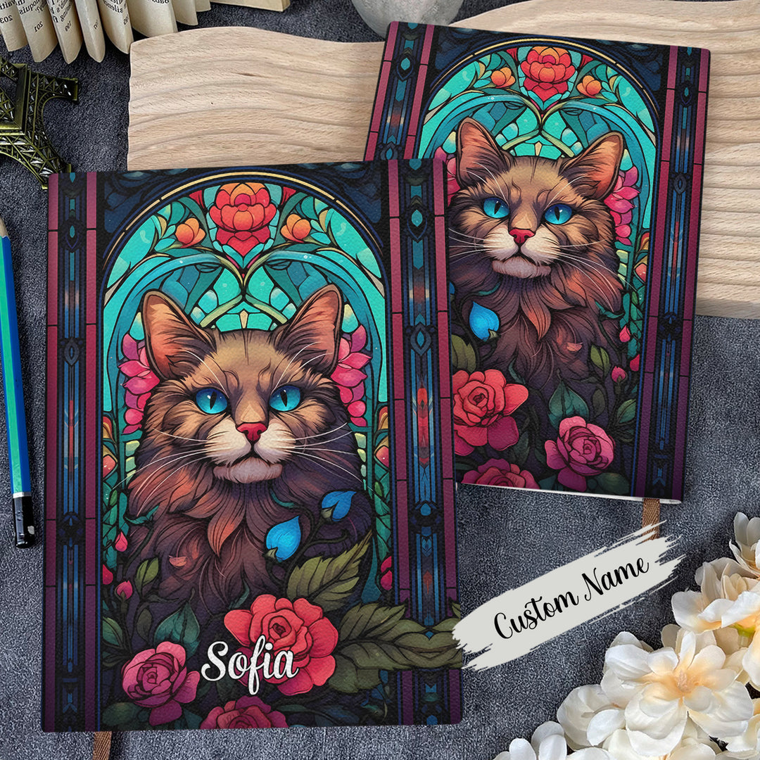 Cat Glass Window - Personalized Custom Leather Journal - Gift For Cat Lover