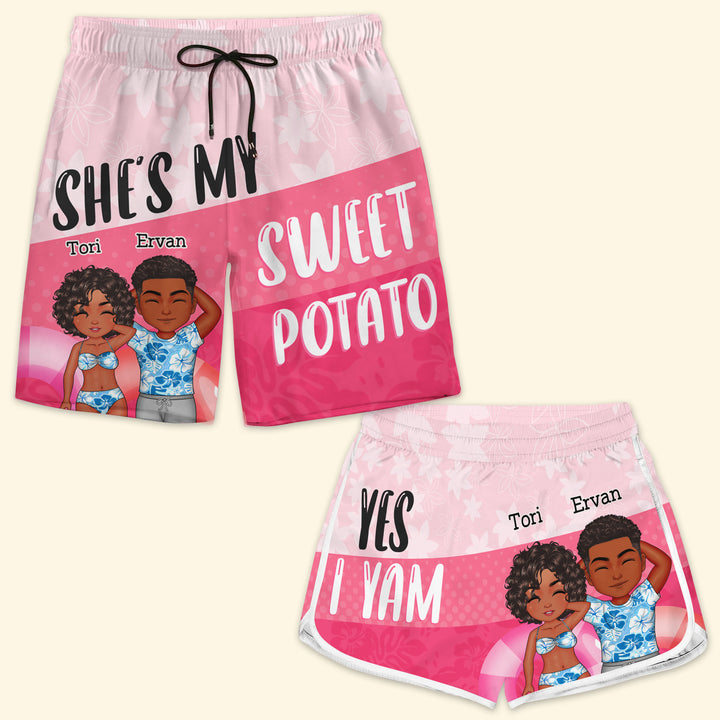She My Sweet Potato - Personalized Custom Couple Beach Shorts - Gift For Couple