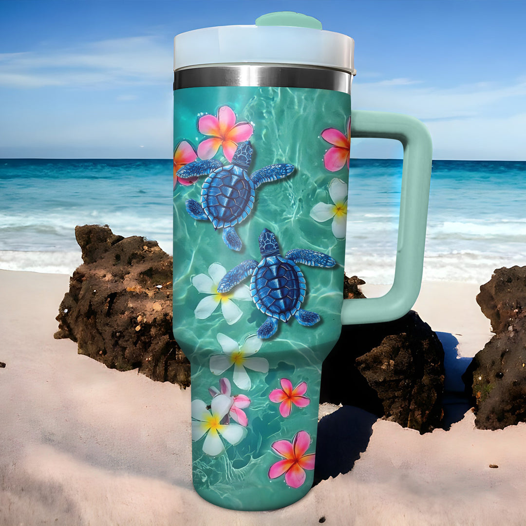 Floral Baby Turtle - Tumbler with Handle - Gift For Turtle Lovers - NCU0DV031