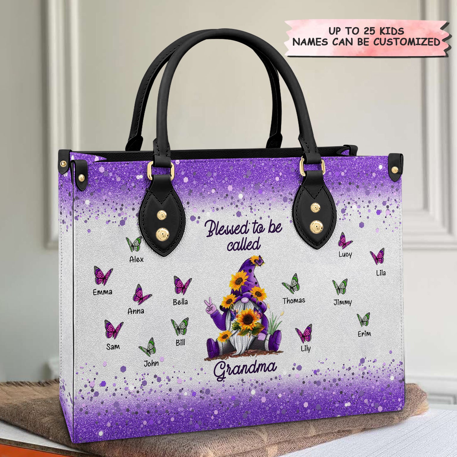 Personalized Leather Bag - Gift For Grandma - Blessed To Be Called Grandma Purple Gnome