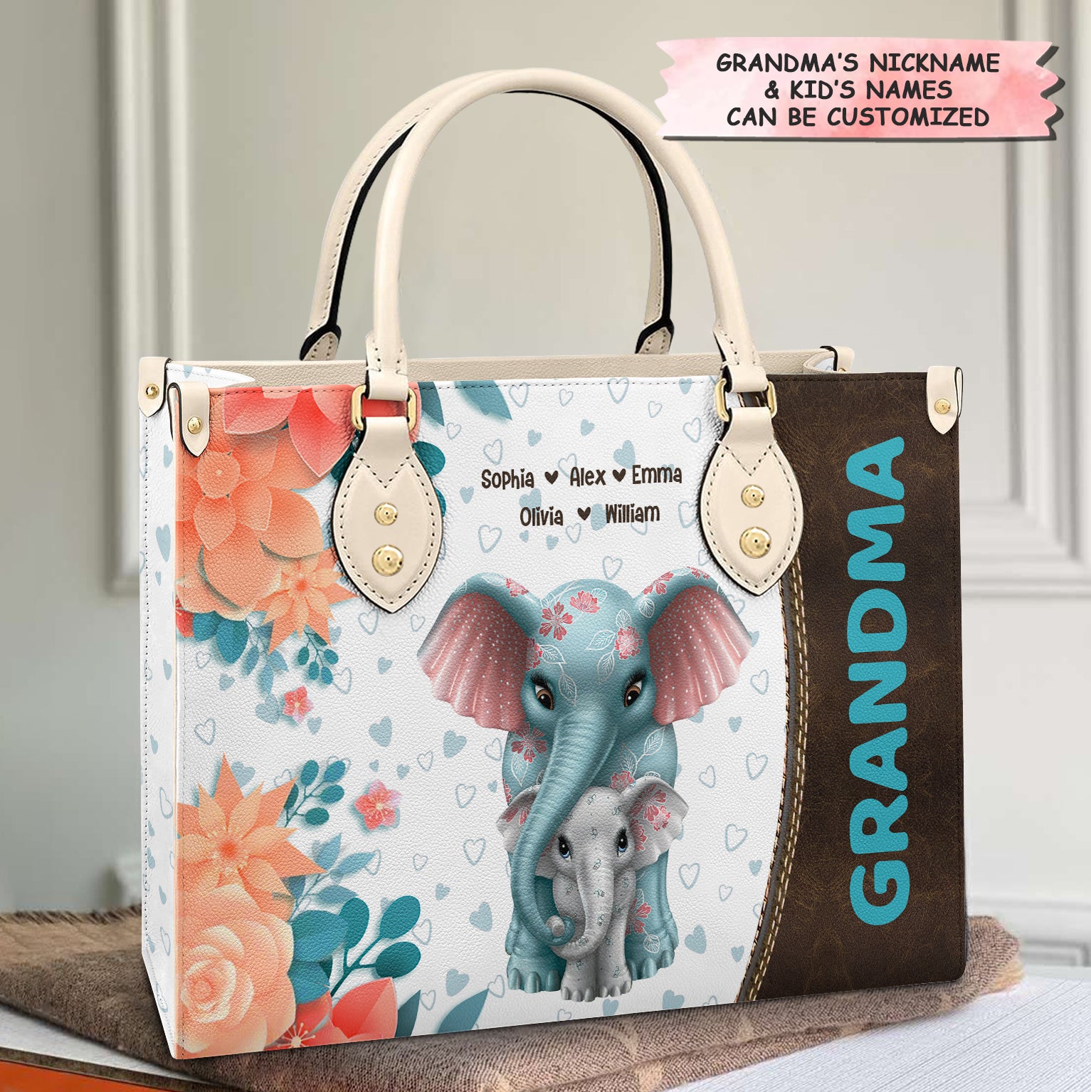 Personalized Leather Bag - Gift For Mom & Grandma - Elephants Hearts