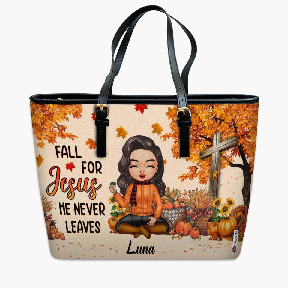 Personalized Leather Bucket Bag - Gift For Family - Fall For Jesus He Never Leaves