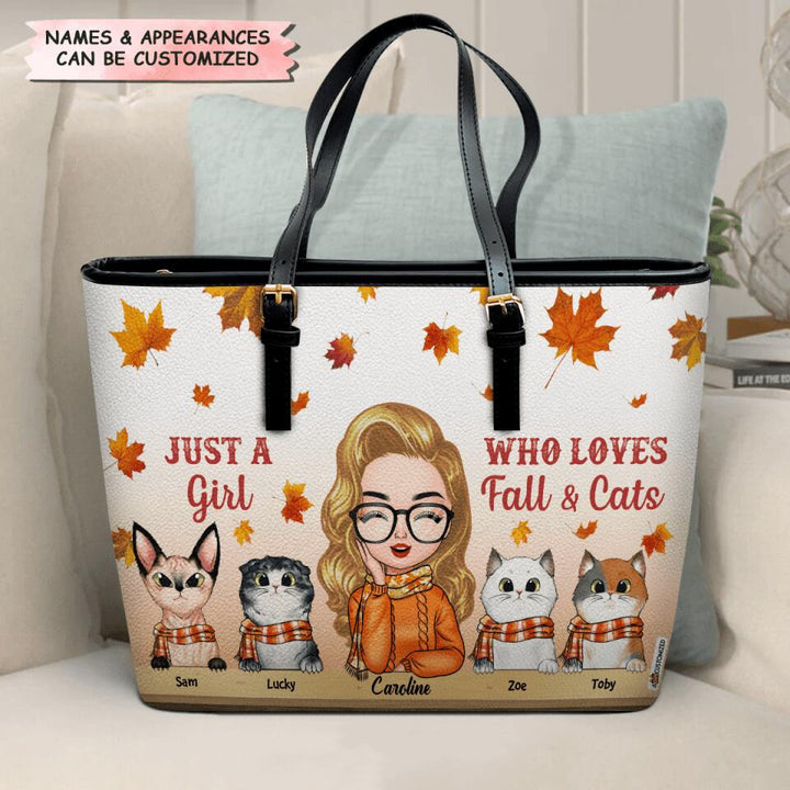 Personalized Leather Bucket Bag - Gift For Cat Lover - Just A Girl Who Loves Cats And Fall