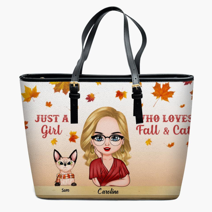 Personalized Leather Bucket Bag - Gift For Cat Lover - Just A Girl Who Loves Cats And Fall