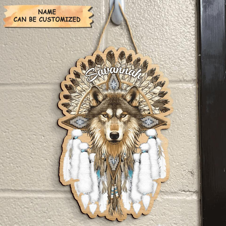 Personalized Door Sign - Gift For Native American - Native Wolf