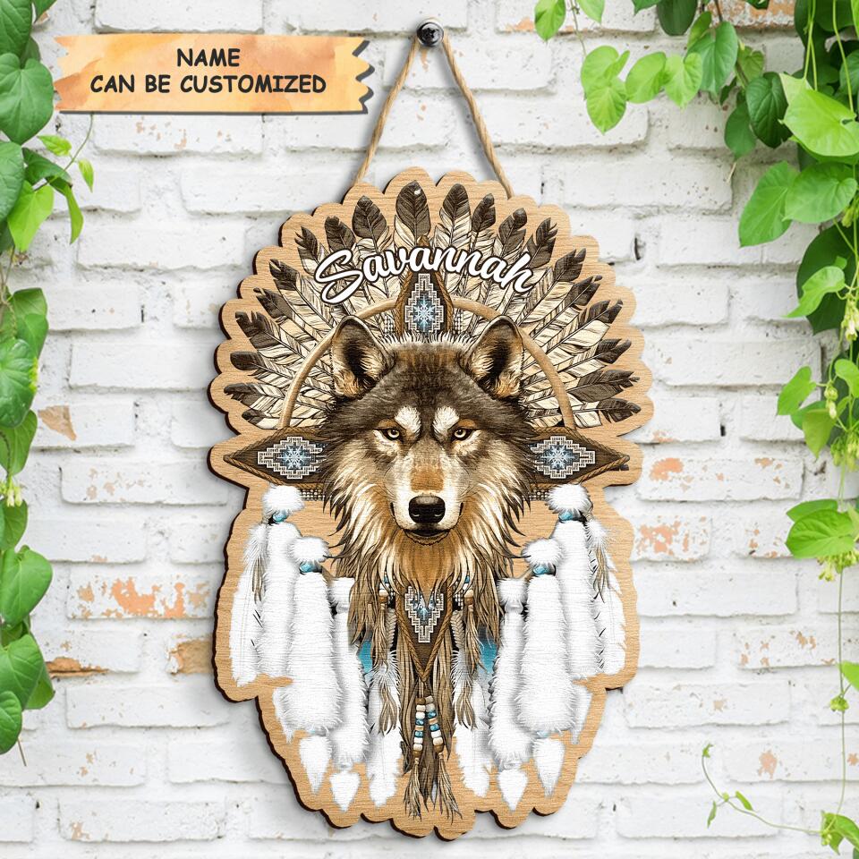 Personalized Door Sign - Gift For Native American - Native Wolf