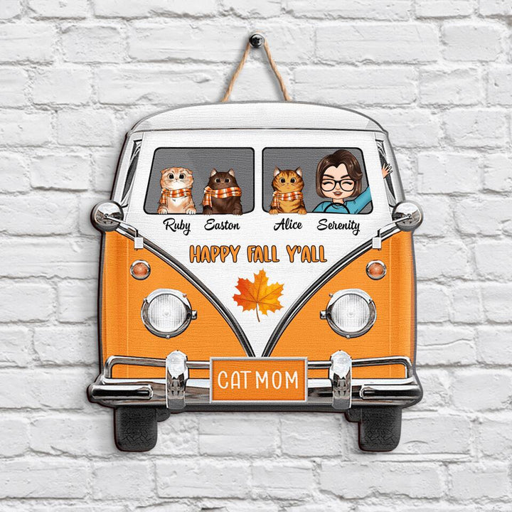 Personalized Door Sign - Gift For Cat Lover - Happy Fall Y'all Hippie Car