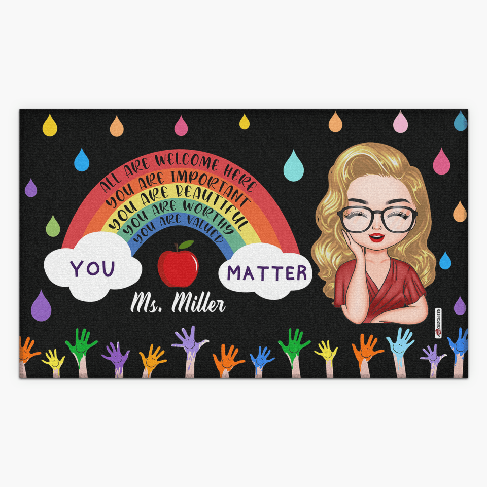 Personalized Doormat - Gift For Teacher - All Are Welcome Here Rainbow