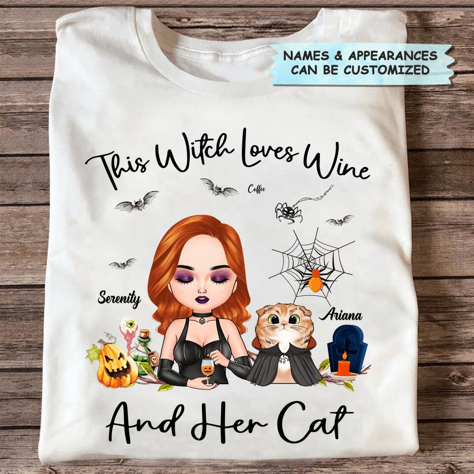 Personalized T-shirt - Gift For Cat Lover - This Witch Loves Wine And Her Cat