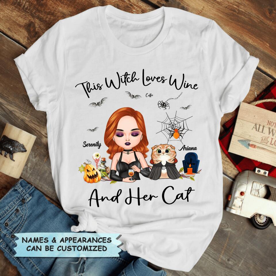 Personalized T-shirt - Gift For Cat Lover - This Witch Loves Wine And Her Cat
