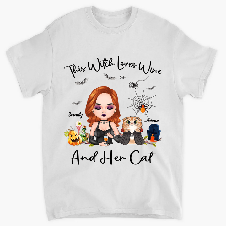 Personalized T-shirt - Gift For Cat Lover - This Witch Loves Wine And Her Cat