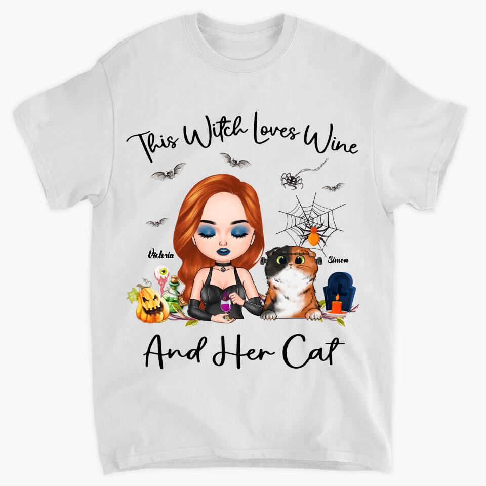 Personalized T-shirt - Gift For Cat Lover - This Witch Loves Wine And Her Cat