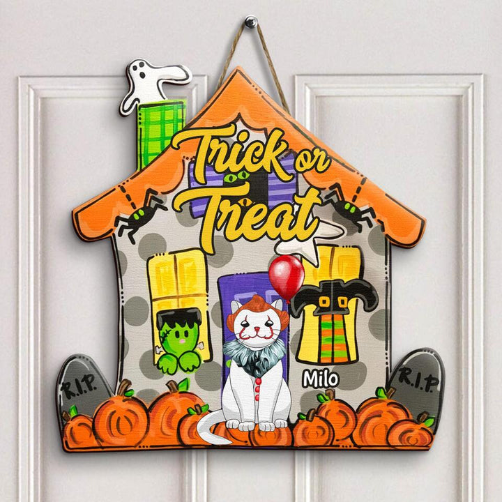 Personalized Door Sign - Gift For Cat Lover - Trick Or Treat