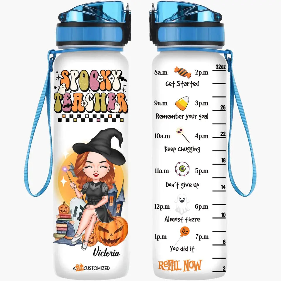 Personalized Water Tracker Bottle - Gift For Teacher - Spooky Teacher