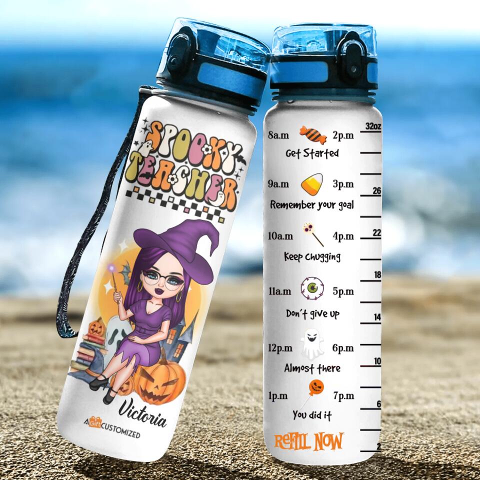 Personalized Water Tracker Bottle - Gift For Teacher - Spooky Teacher