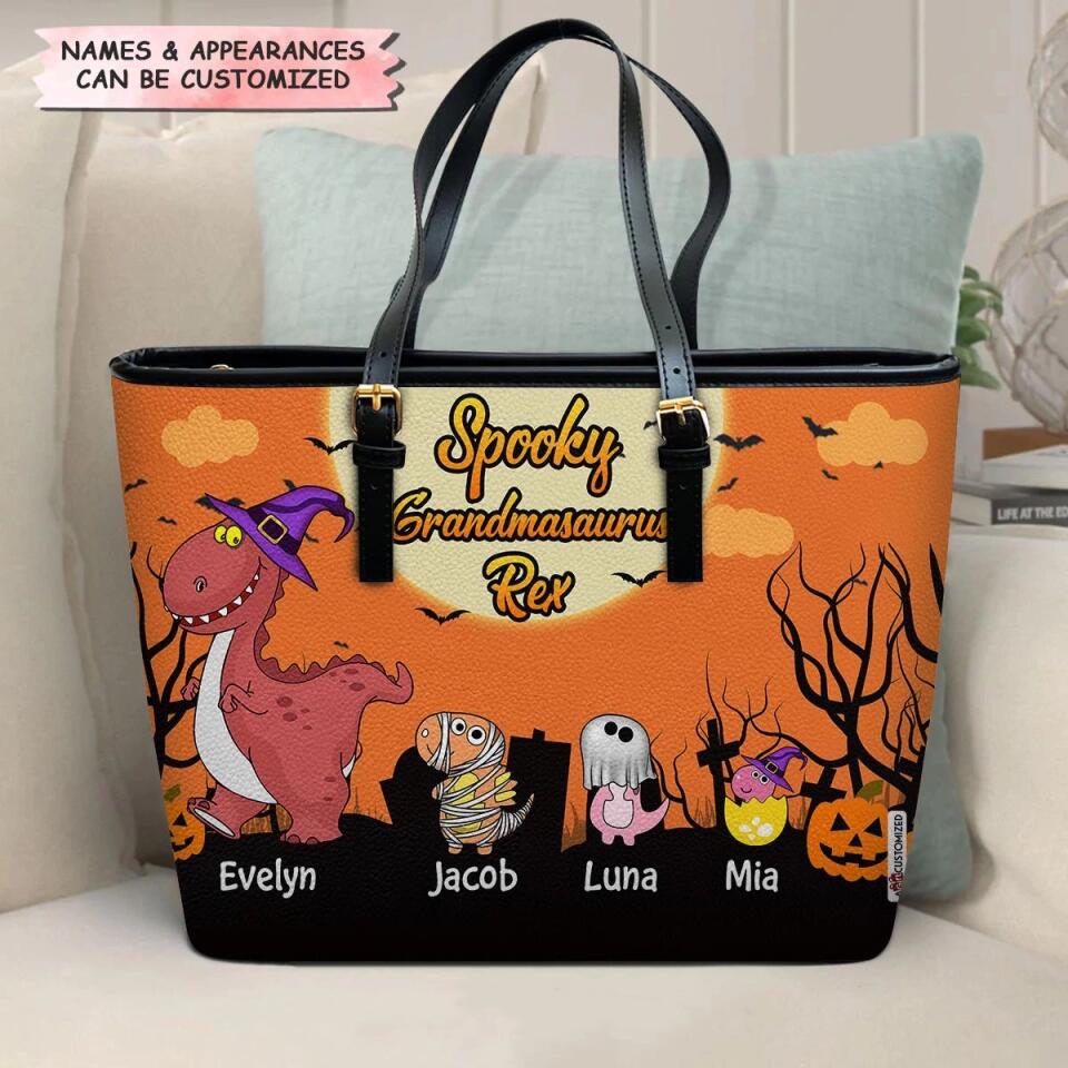 Personalized Leather Bucket Bag - Gift For Grandma - Spooky Saurus Rex