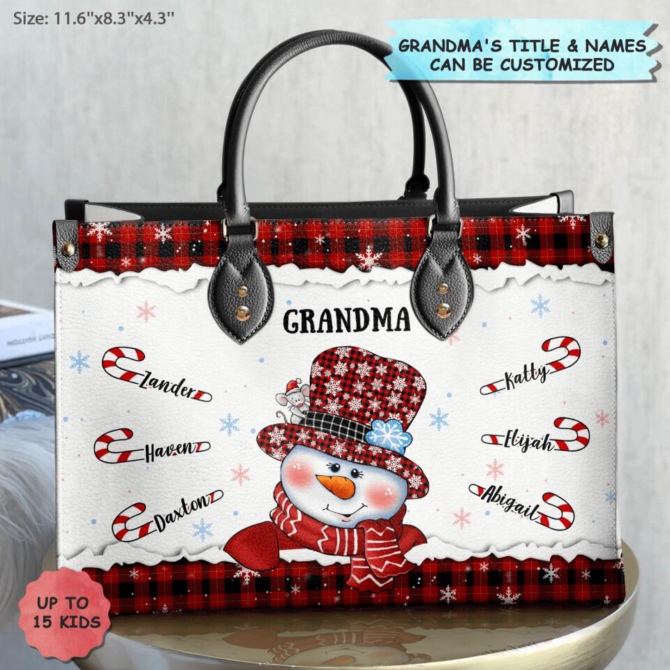 Grandma Snowman Christmas - Personalized Leather Bag - Christmas Gift For Grandma