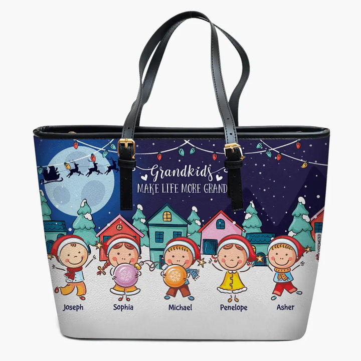 Personalized Leather Bucket Bag - Gift For Grandma - Grandkids Make Life More Grand