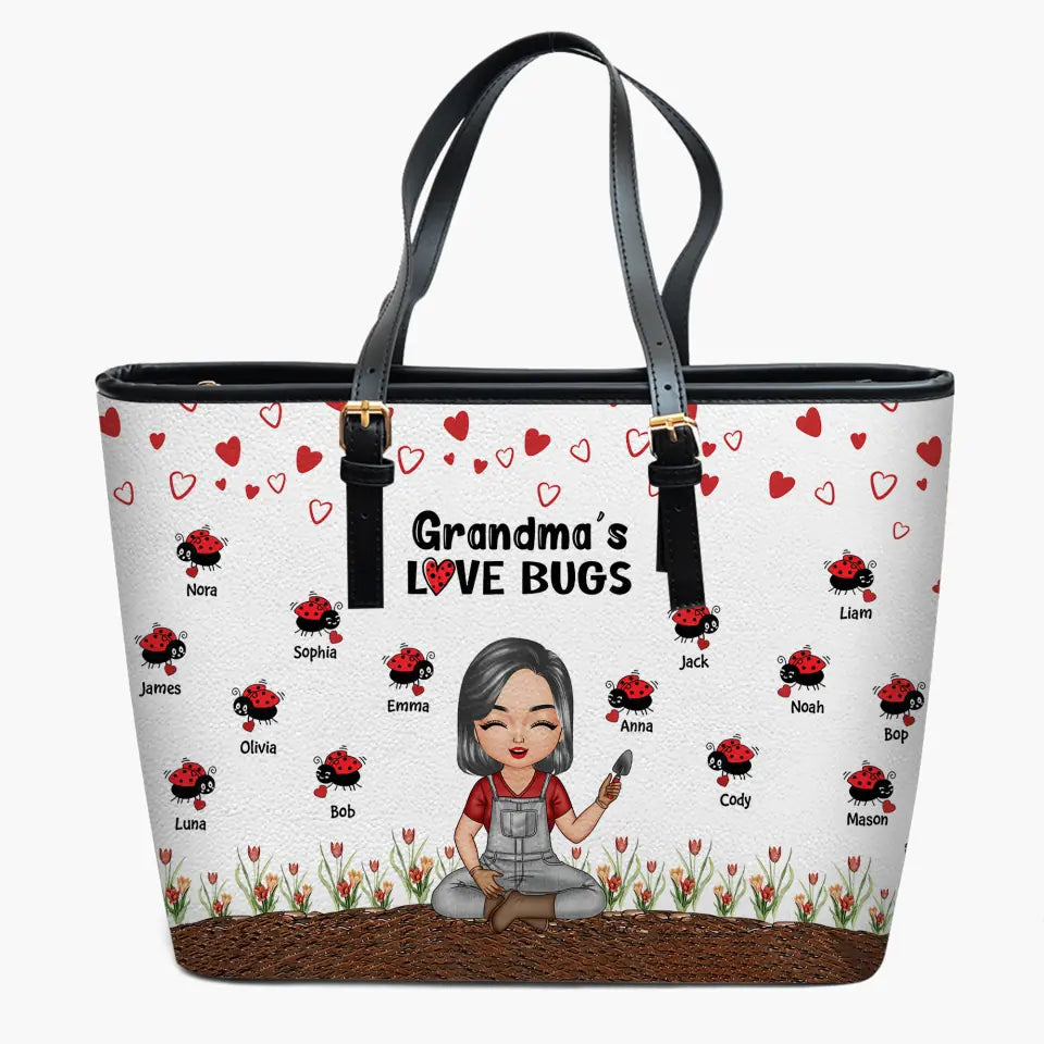 Personalized Leather Bucket Bag - Gift For Grandma - Grandma Love Bug