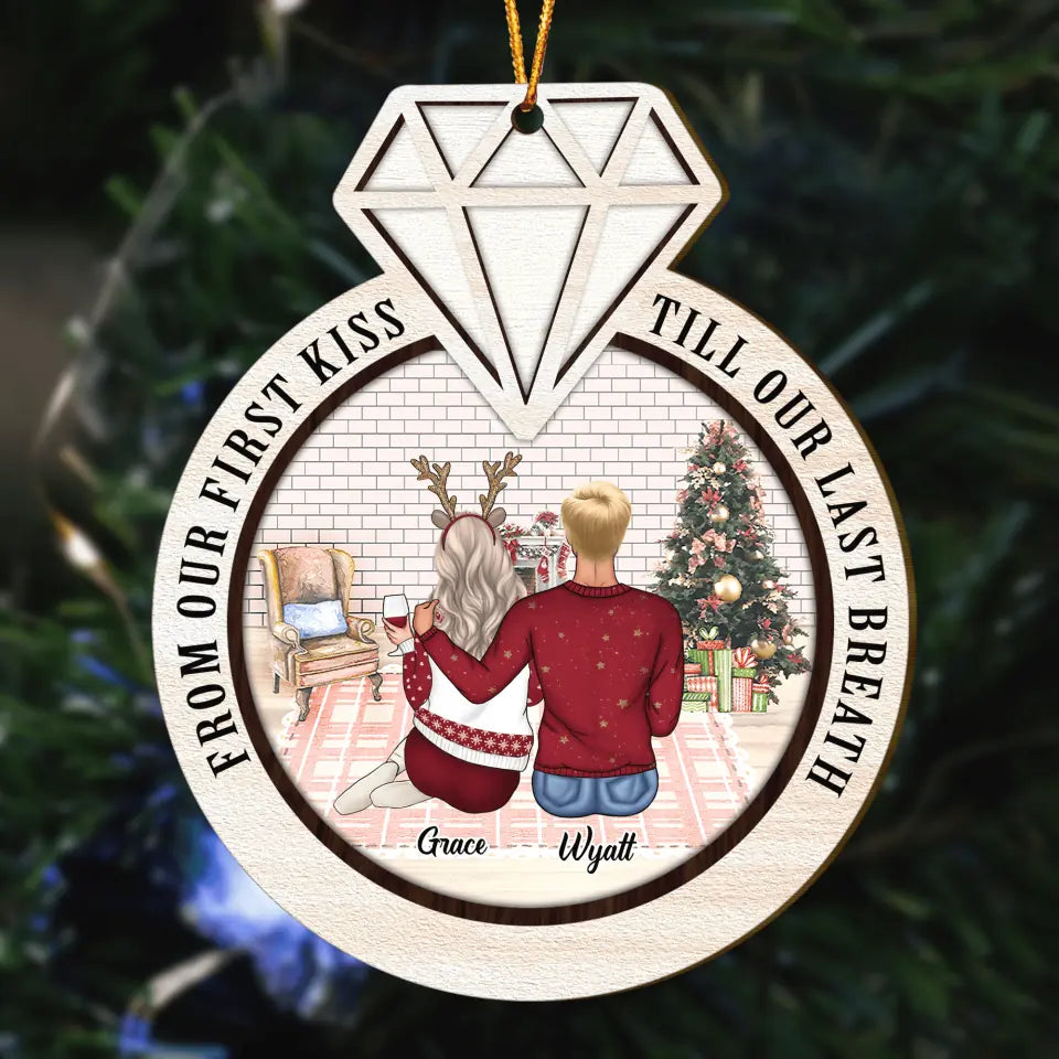 Personalized Wood Ornament - Gift For Couple - Our First Christmas, Engagement Ring