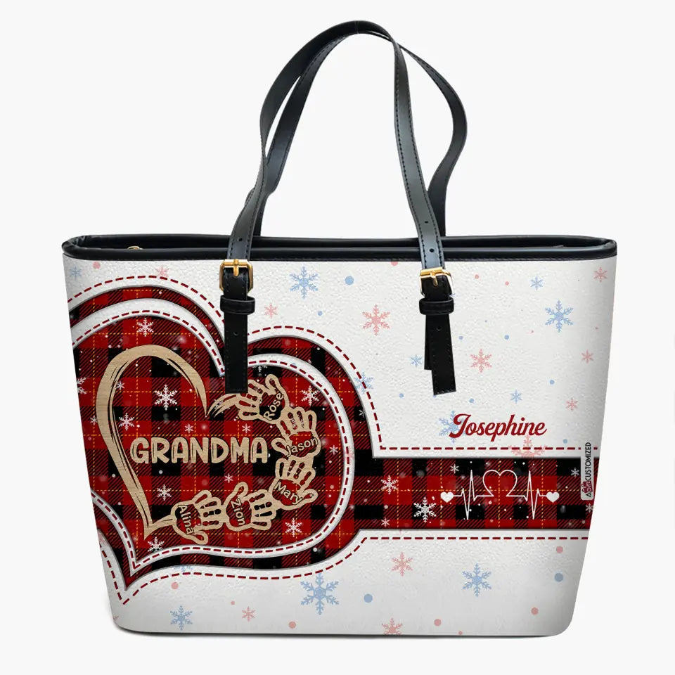 Personalized Leather Bucket Bag - Gift For Grandma - Grandma Heart Hand ARND037