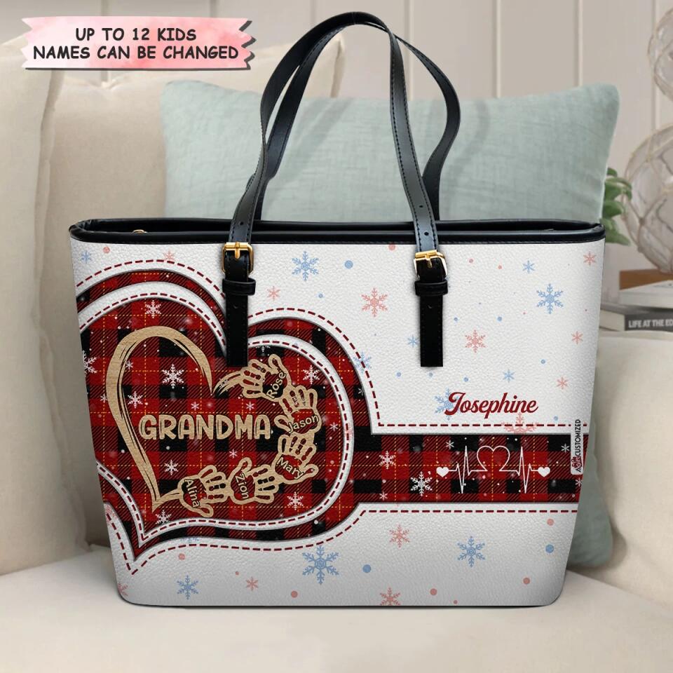 Personalized Leather Bucket Bag - Gift For Grandma - Grandma Heart Hand ARND037