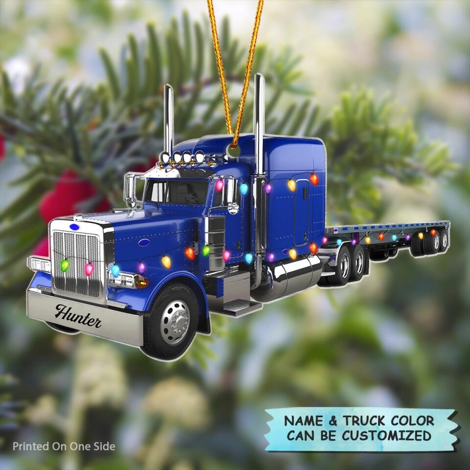 Personalized Mica Ornament - Gift For Trucker - Truck With Flatbed Trailer Christmas ARND037