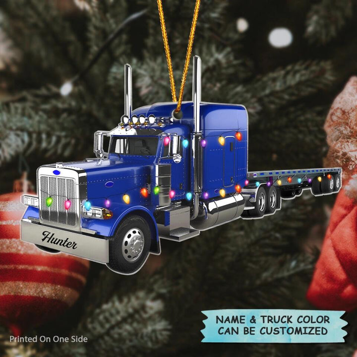 Personalized Mica Ornament - Gift For Trucker - Truck With Flatbed Trailer Christmas ARND037